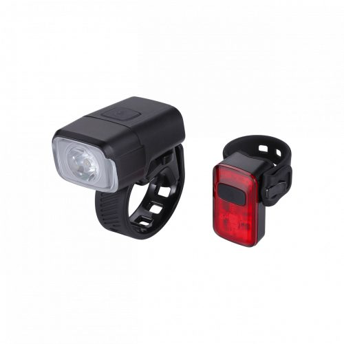 BBB Cycling kerékpáros lámpa szett BLS-164 NanoStrikeCombo, 400 és 10 lumen, 6 és 4 mód, micro USB tölthető 1000 és 300 mAh akku (első és hátsó), gumis felfogatással