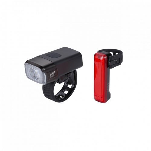 BBB Cycling kerékpáros lámpa szett BLS-165 NanoStrikeCombo, 600 és 20 lumen, 6 és 5 mód, micro USB tölthető 2000 és 300 mAh akku (első és hátsó), gumis felfogatással