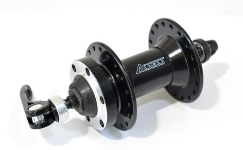Elsőagy assess mtb alu fekete tárcsafékes 6 csavaros golyóskosaras qr 36h 14g 100/108mm+gyorszár m5x188mm