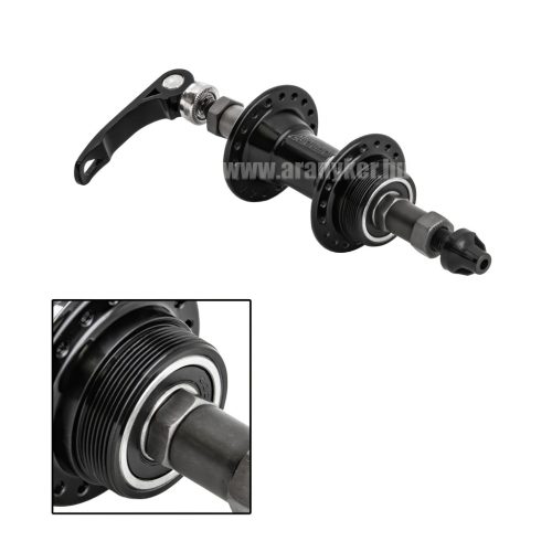 Hátsóagy assess mtb fekete ipari csapágyas menetes gyorskioldós qr m10*14g/36h*135/145mm