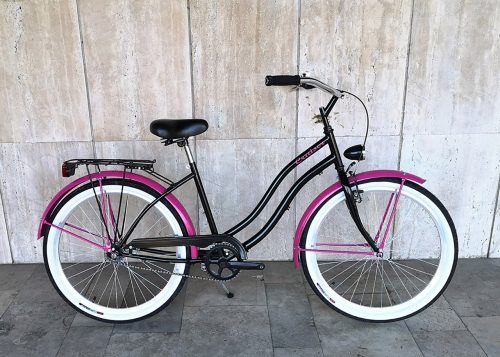 Toldi Cruiser - Női cruiser kerékpár - 3 sebességes agyváltós - kontrás bicikli - Fekete-pink színben