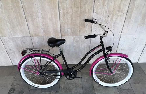 Toldi Cruiser - Női cruiser kerékpár - 1 sebességes - kontrás bicikli - Fekete-pink színben