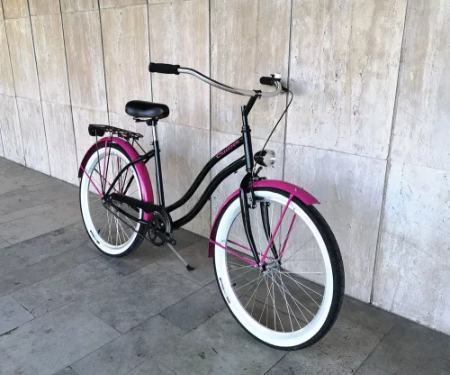 Toldi Cruiser - Női cruiser kerékpár - 1 sebességes - kontrás bicikli - Fekete-pink színben
