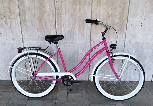 Toldi Cruiser - Női cruiser kerékpár - 1 sebességes - kontrás bicikli - Pink-fehér színben