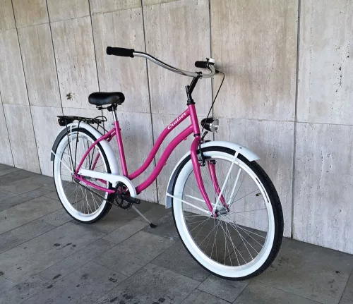 Toldi Cruiser - Női cruiser kerékpár - 1 sebességes - kontrás bicikli - Pink-fehér színben